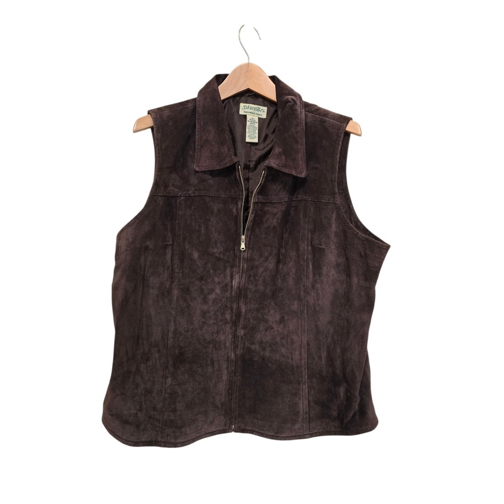 Womens Vintage Suede Leather Vest Jscket Size 18W Dark Brown Zip Up Washable